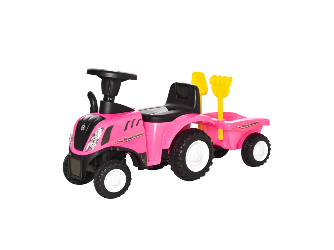 Trator Para Crianças De 12-36 Meses Com Reboque Removível Carro Andador Com Buzina Farol Pá E Ancinho Carga 25kg 91x29x44cm Rosa