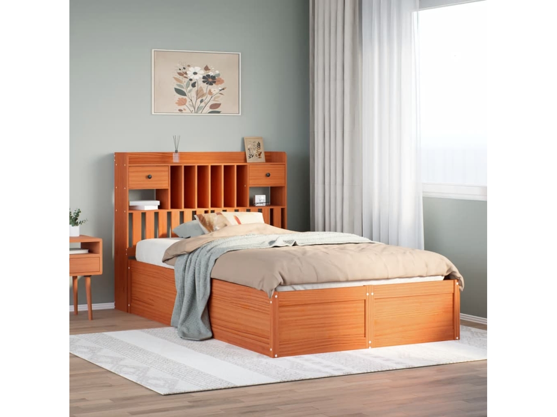 Vidaxl Cama Sem Colchão 135x190 Cm Madeira Pinho Maciça Castanho-mel