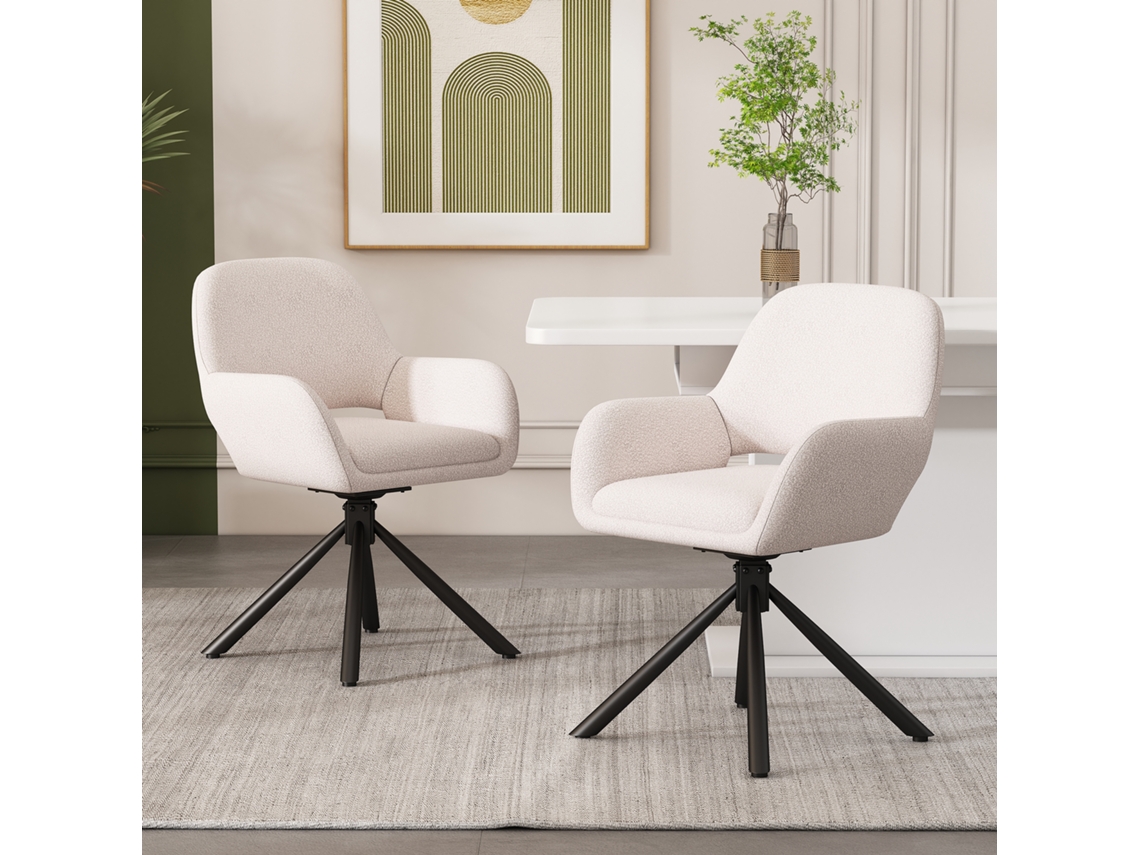 Giratório, Tecido Sherpa, Conjunto De 2, Com Braços, Design Moderno E Minimalista, Cadeira De Jantar Branca.