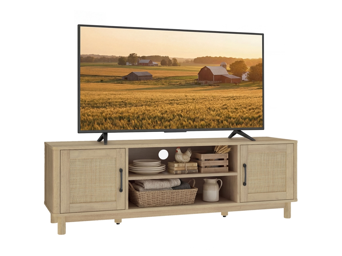 Móvel para TV de 135 cm para TVs até 65 polegadas, com 2 portas de rattan, 2 compartimentos abertos, em carvalho