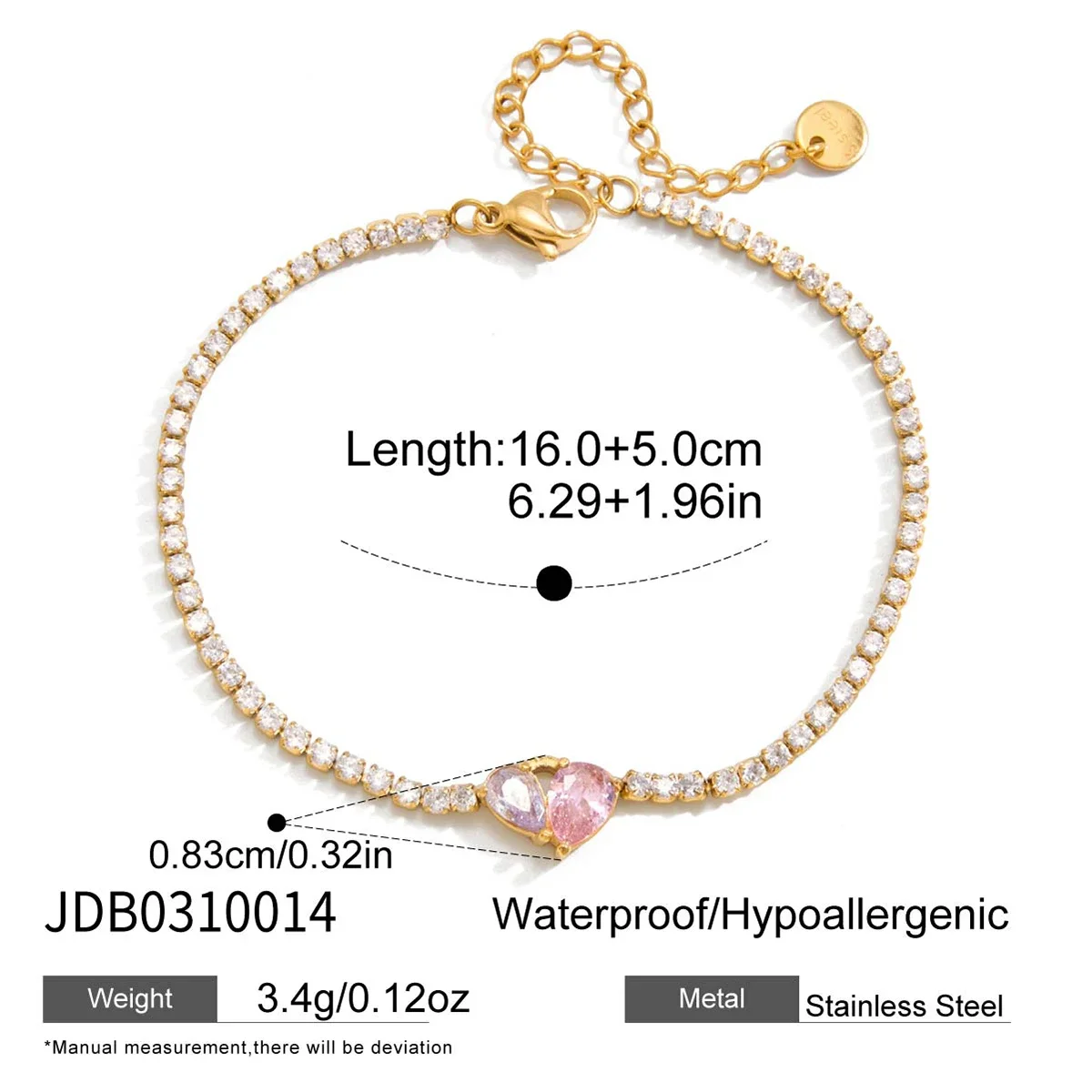 Pulseira Romântica Rosa Com Corrente Em Formato De Coração E Pingente De Bola De Tênis Em Zircônia.