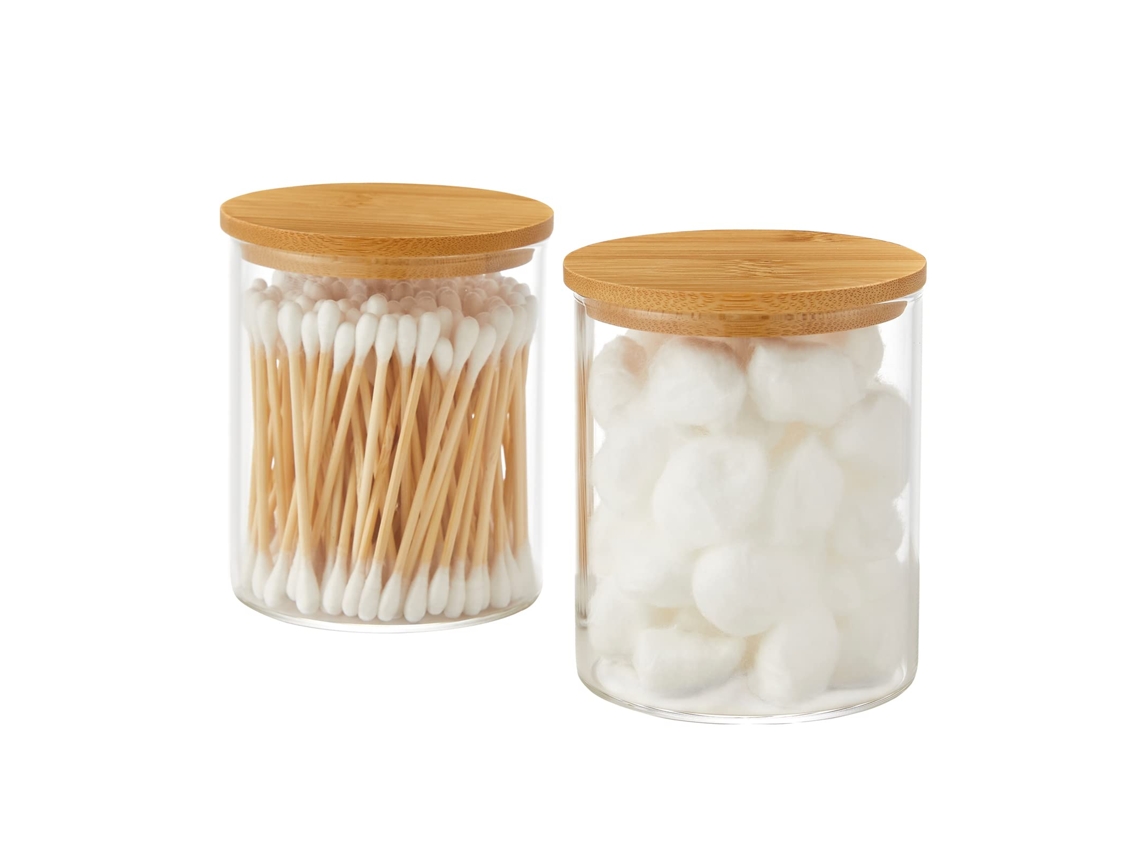 Conjunto De 2 Porta Cotonetes De Vidro Com Tampa De Bambu Caixas De Boticário Para Algodão, Organizadores Para Bancada De Banheiro Aquaforge
