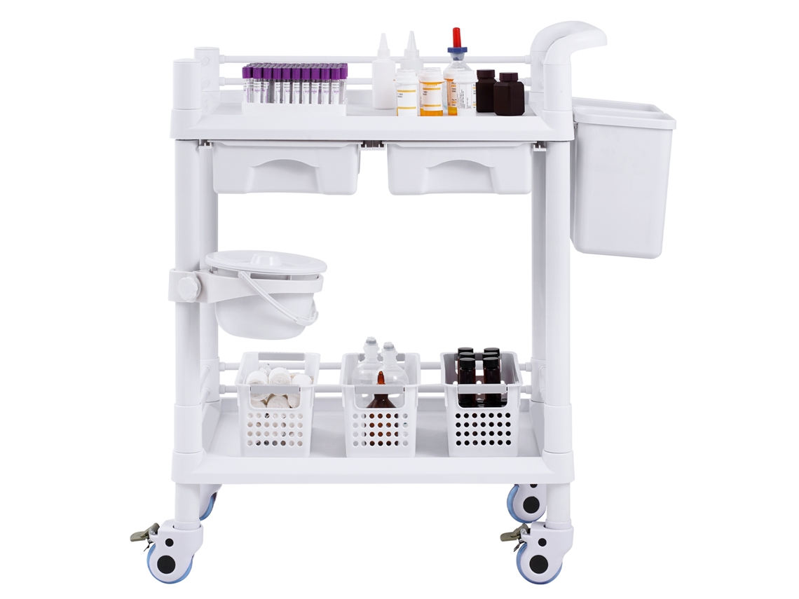 Carrinho de Laboratório 2 Níveis, Utilitário com Bandejas, Gavetas e 4 Rodas Silenciosas, Médico Móvel Material Pp, Rolante 3 Caixotes Lixo para