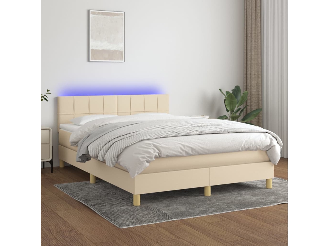 Vidaxl Cama Box Spring C/ Colchão E Led 140x190 Cm Tecido Cor Creme