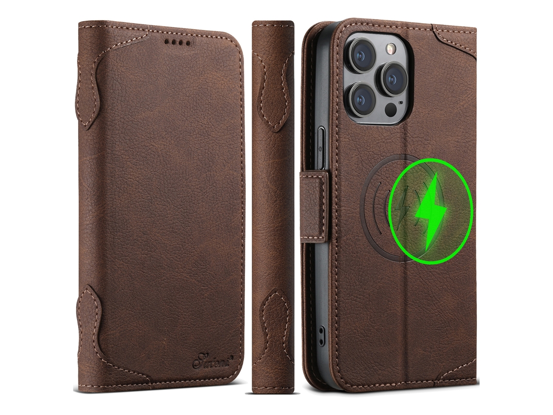 Capa Flip Para Celular Com Carregamento Sem Fio De Couro Para Iphone 16 Roxa