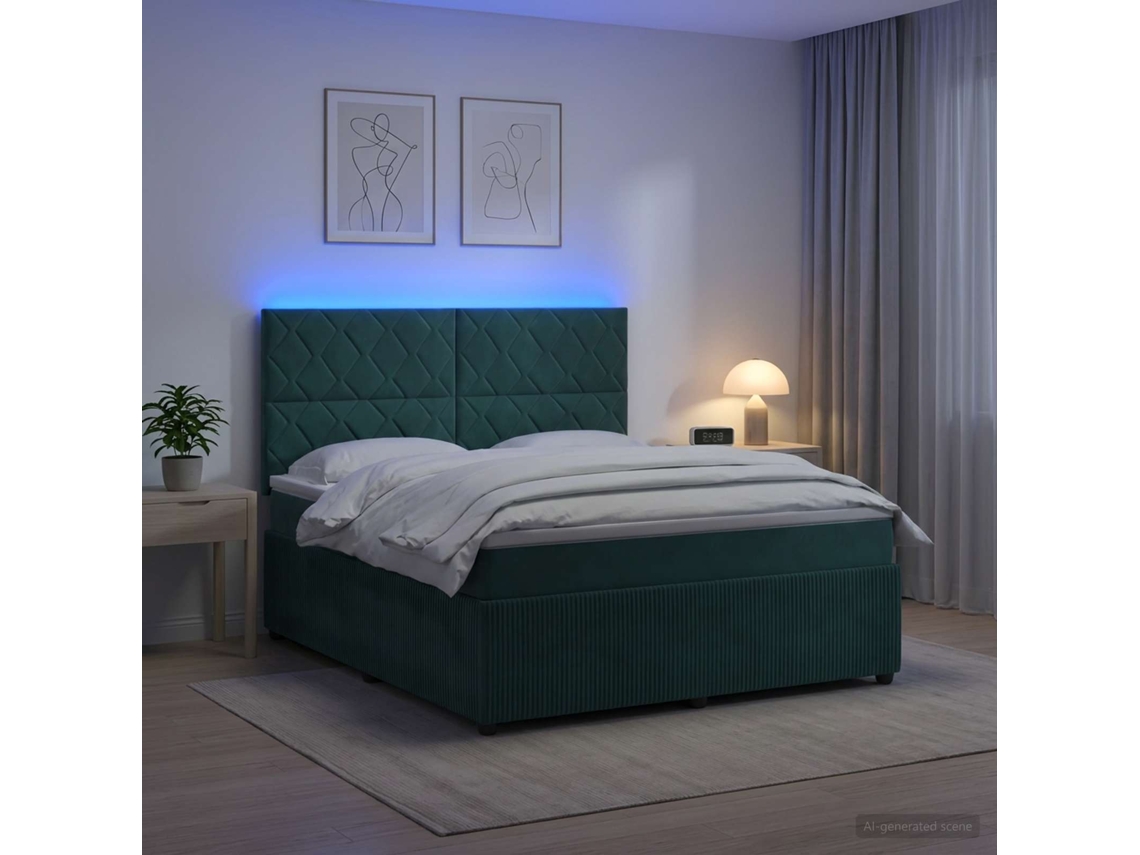 Vidaxl Cama Box Com Led E Colchão Verde-escuro 140 X 190 Cm Veludo