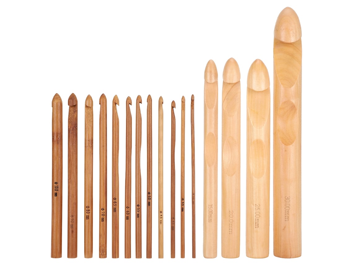 Conjunto De Agulhas De Crochê Com 16 Peças Em Madeira E Bambu Aquaforge