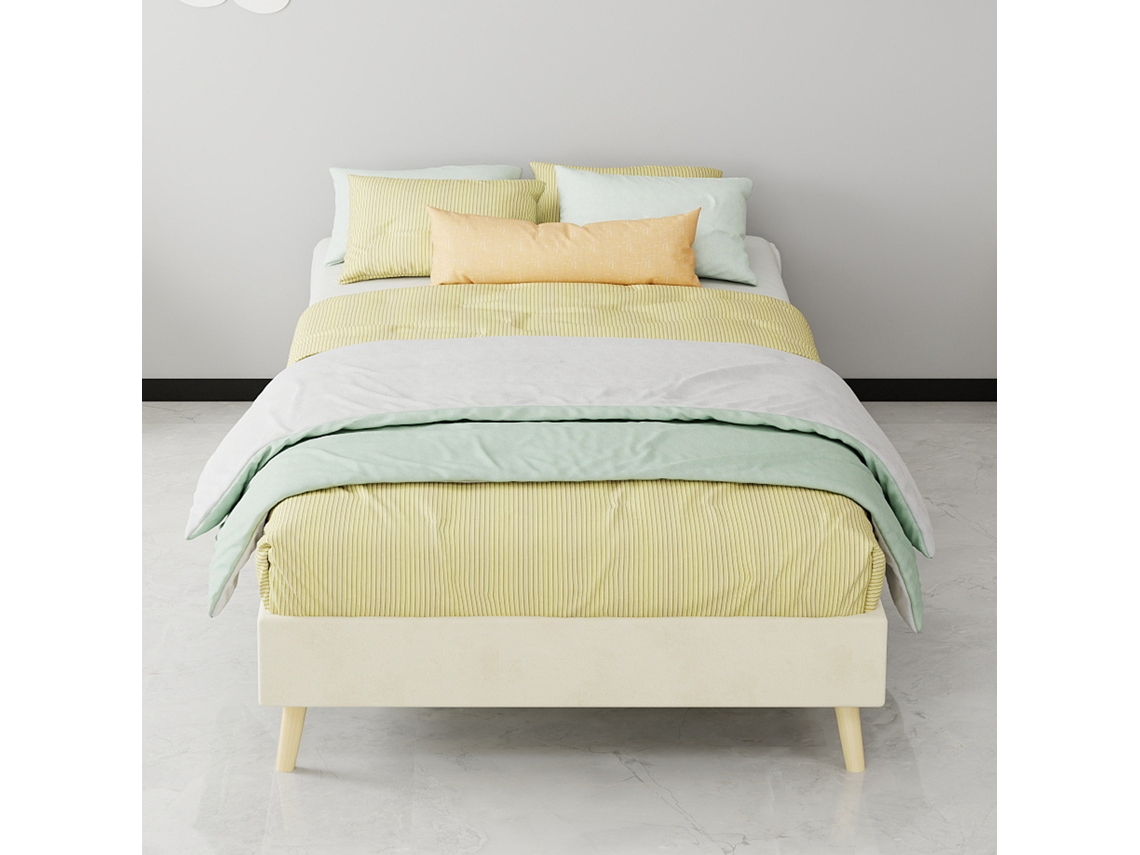 Cama Box Casal, 90x200 Cm, Bege, Veludo Holandês, Base Baixa, Estilo Moderno. Sem Mecanismo, Cabeceira E Colchão.