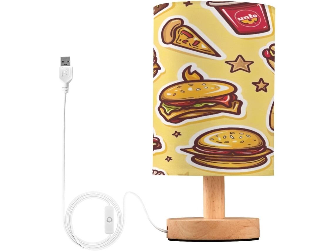 Luminária De Cabeceira Led Usb Pequena Skyshu Fast Food Com Base Madeira Antiderrapante E Cúpula Que Não Agride Os Olhos