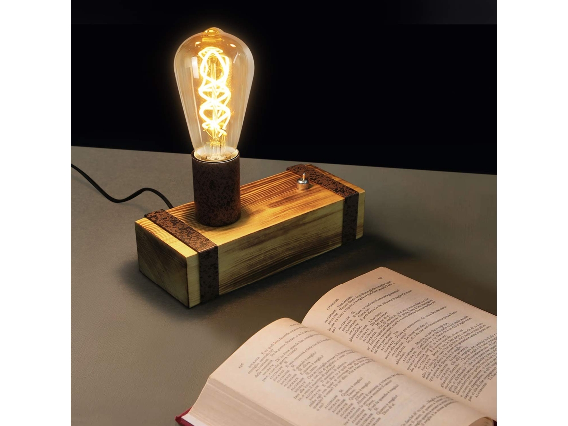 Nettlife Candeeiro De Secretária De Madeira Vintage Retro Candeeiro De Cabeceira E27 Industrial 20 Cm Lâmpada Noturna Com Tomada, 60 W