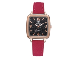 Relógio de Pulso Feminino Quadrado Estrela Couro Pu Rosa Vermelho Quartzo