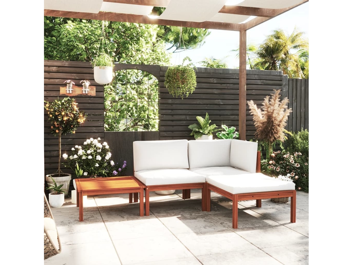 4 Pcs Conjunto Lounge Jardim C/ Almofadões Acácia Maciça Creme Dkd Home Decor
