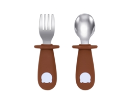 Conjunto de Talheres para Bebê , Inclui Colher e Garfo de Aço Inoxidável, Livre de Bpa. MDUG (marrom)