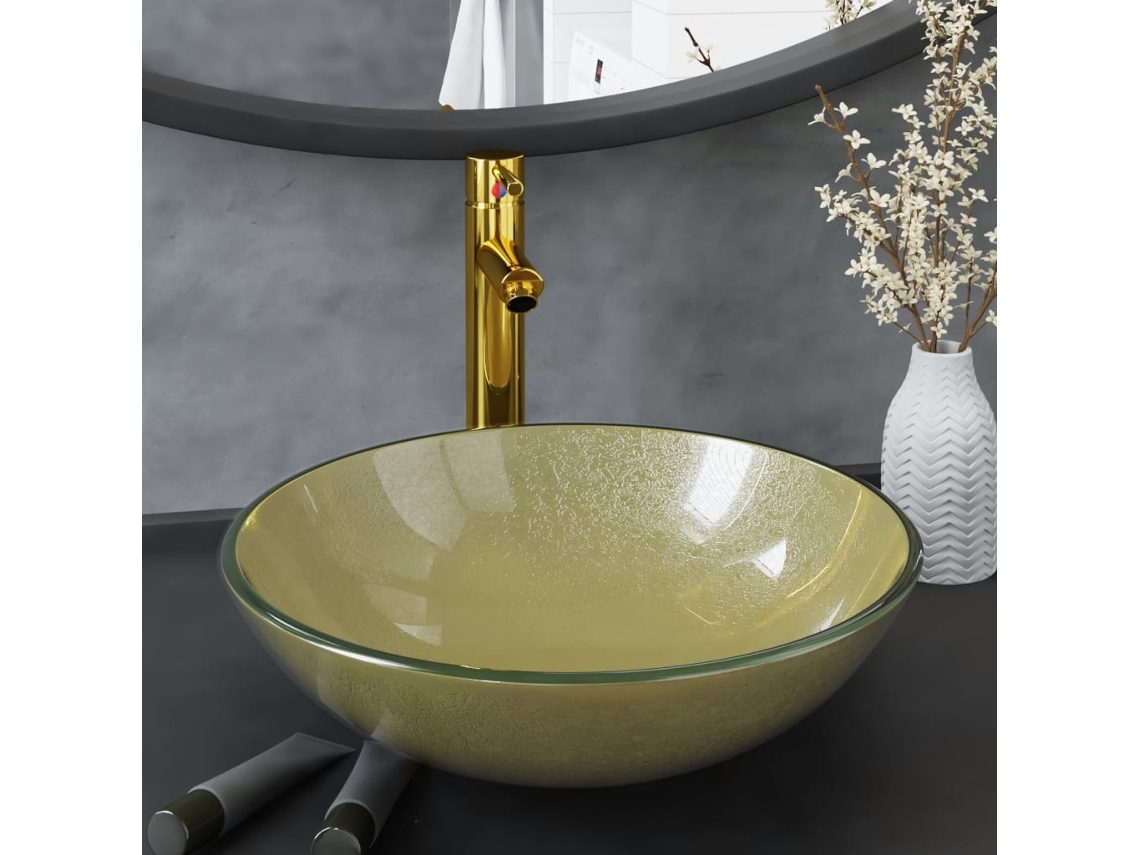 Vidaxl Lavatório Torneira Válvula Click-clack Vidro Temperado Dourado