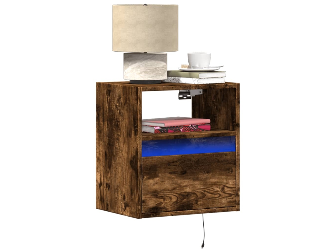 Vidaxl Mesa De Cabeceira De Parede Com Luzes Led Carvalho Fumado