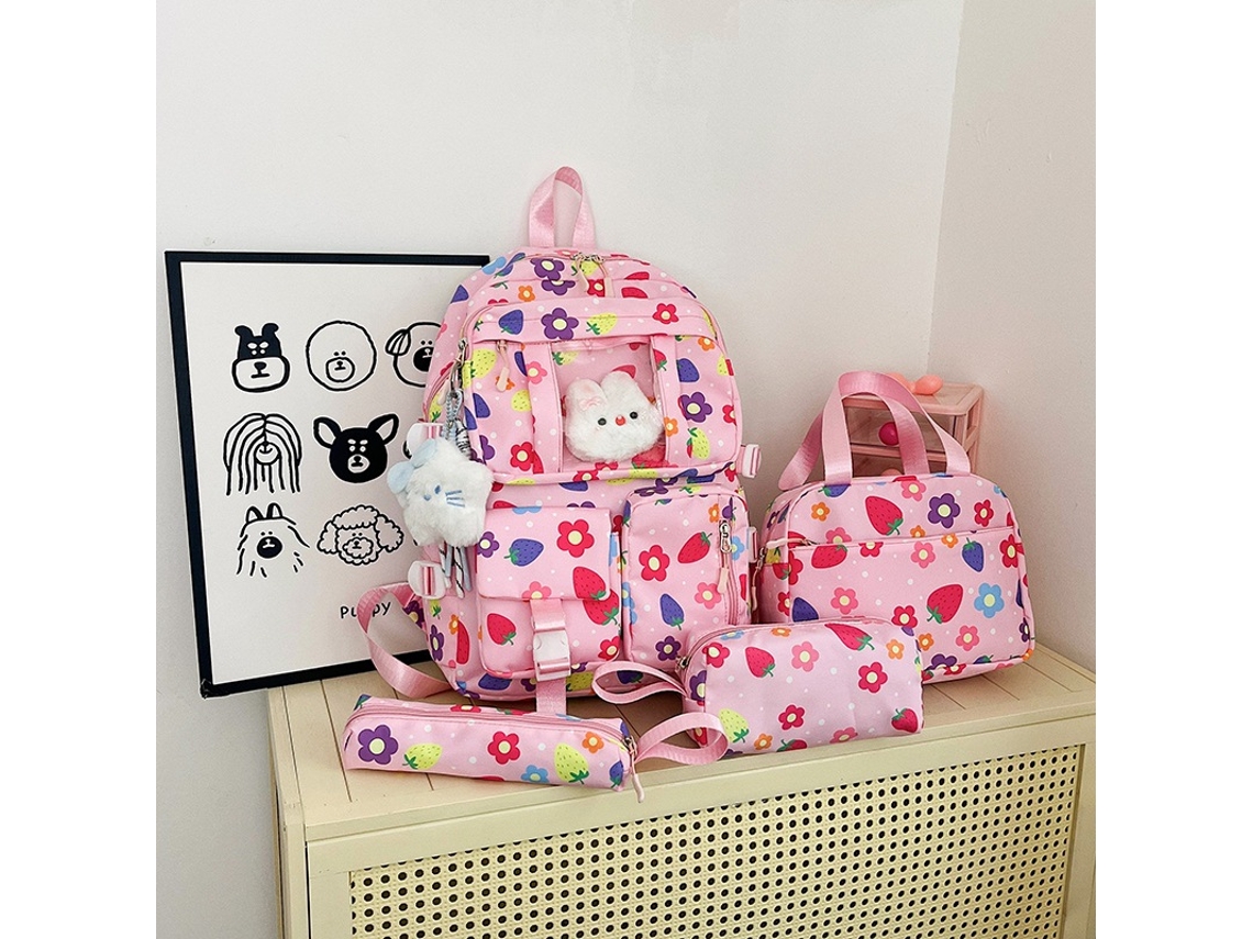 Conjunto De Quatro Peças Floral Para Mochila, Bolsa De Refeição E Bolsa De Armazenamento Para Proteger A Coluna E Aliviar O Estresse Rosa