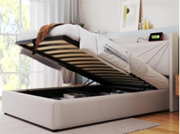Cama Contentora Em Tecido De Linho 90x200 Cm - Com Porta Usb E Estrado - Bege