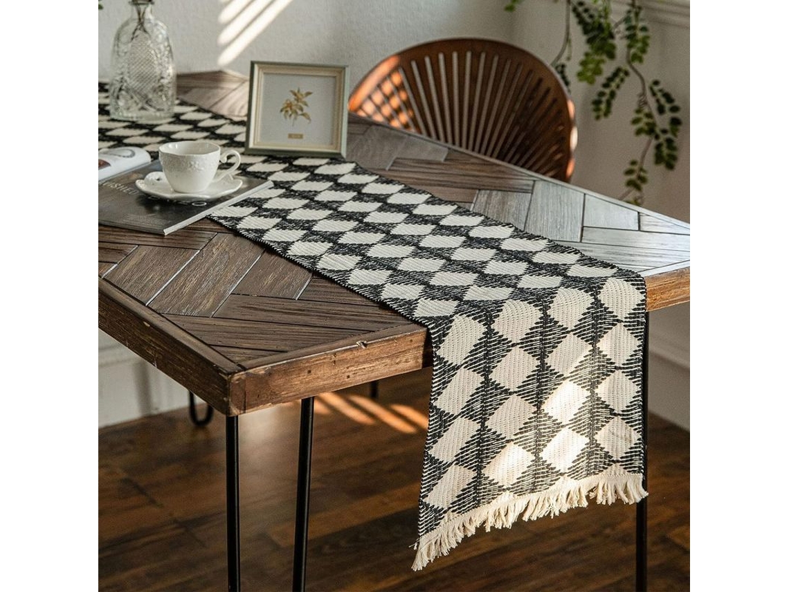 Runner de mesa Nova Line boho com franges, 35x180cm, xadrez preto e branco | S/MARCA
