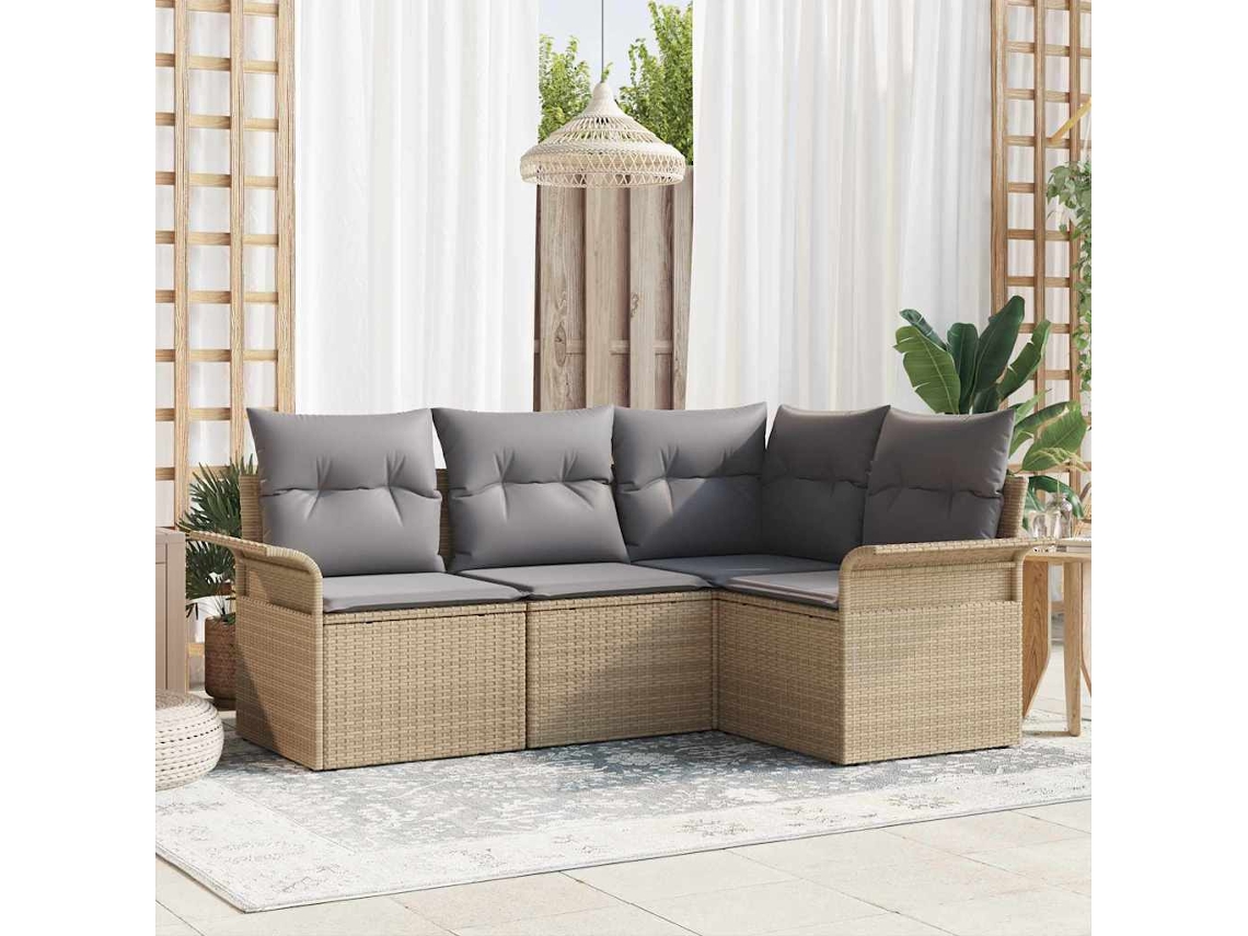 Vidaxl Conjunto de Sofá de Jardim com Armazenamento 4 Pcs Bege Vime Pe