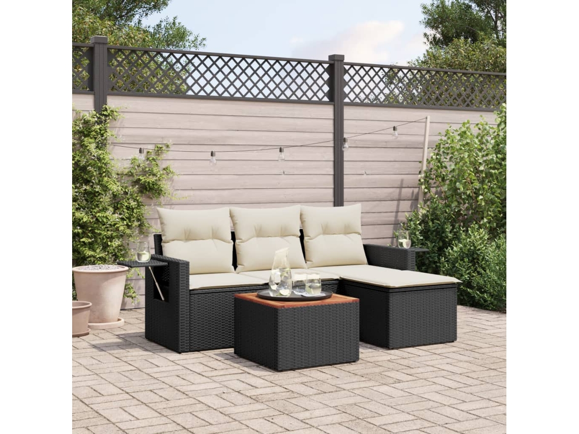 Vidaxl 5 Pcs Conjunto Sofás De Jardim Com Almofadões Vime Pe Preto