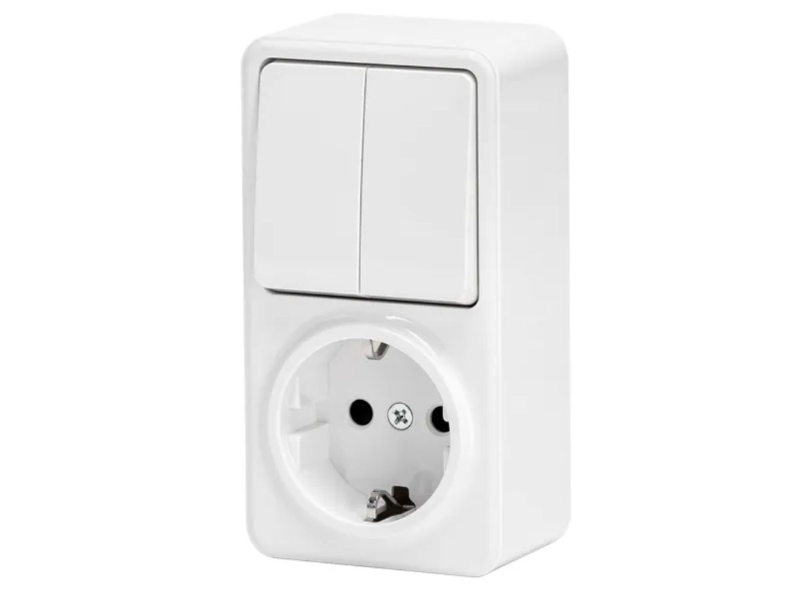 Tomada Elétrica 1x Schuko C/ Comutador Duplo Superfície