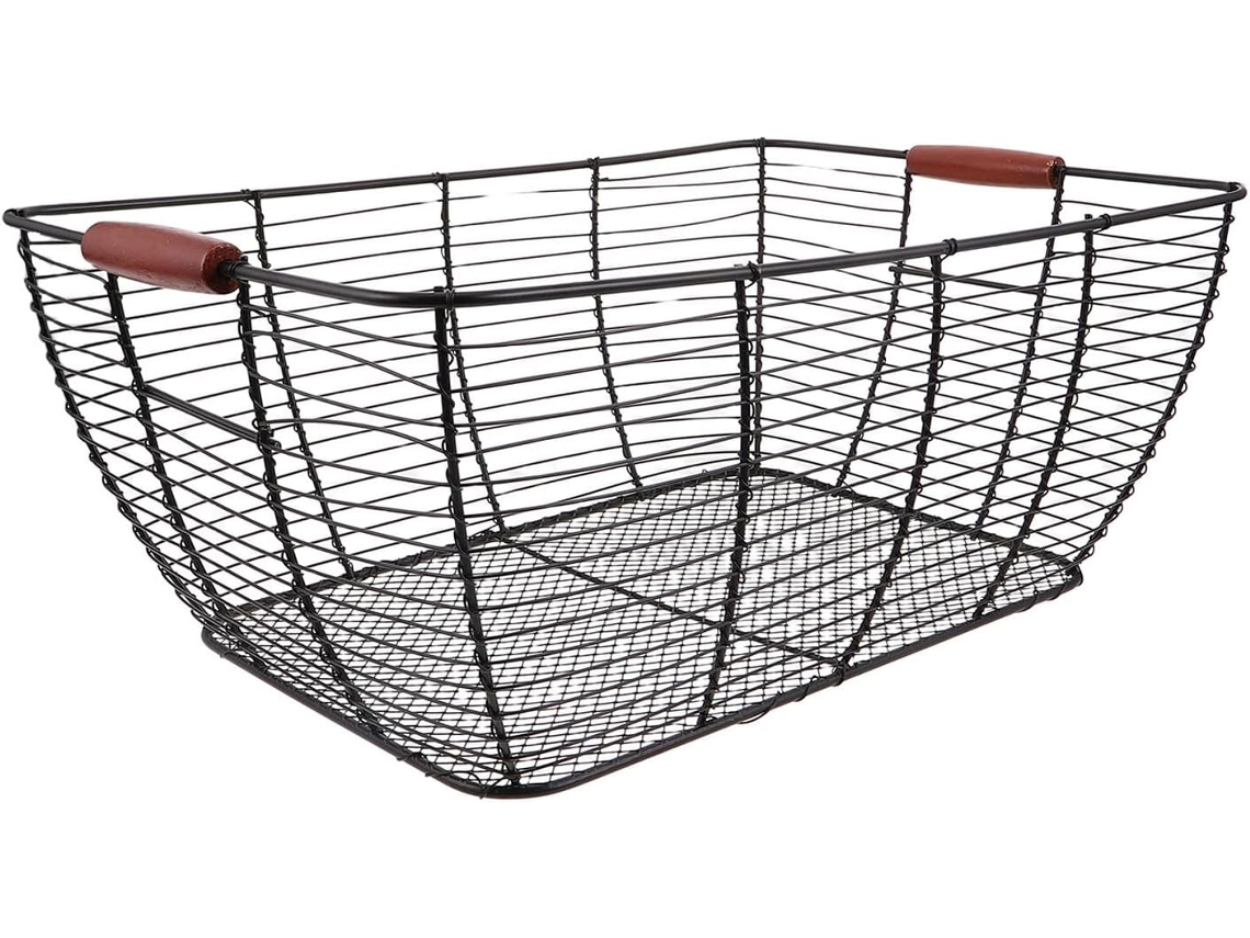 Cesta De Armazenamento De Ferro Resistente E Ventilado, Com Alça De Madeira Organizador Retangular, Para Despensa
