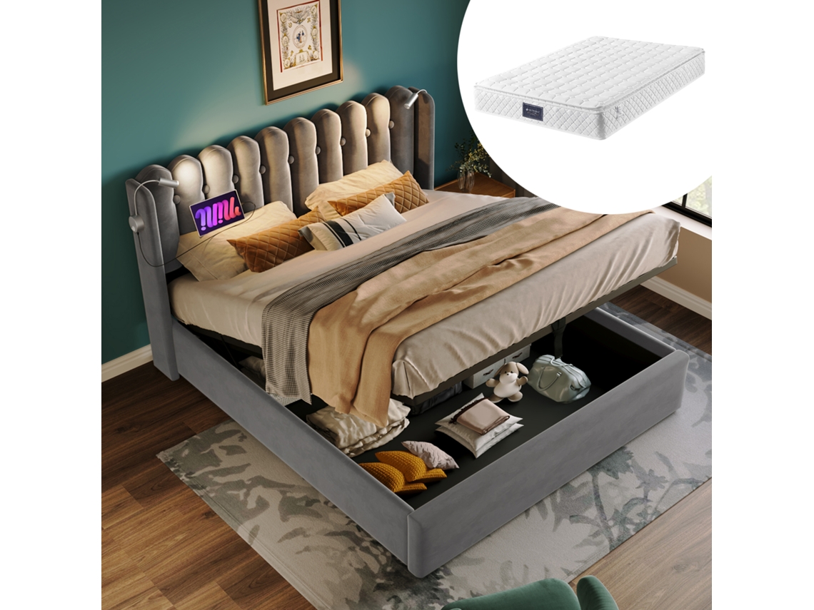 Cama Casal 140x200cm Estofada, Led, Usb-c, Linho, Ripas (c/ Colchão).-op