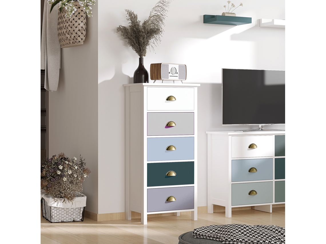 Cômoda Com 5 Gavetas Coloridas, Alta E Compacta, Multicolorida Em Azul.