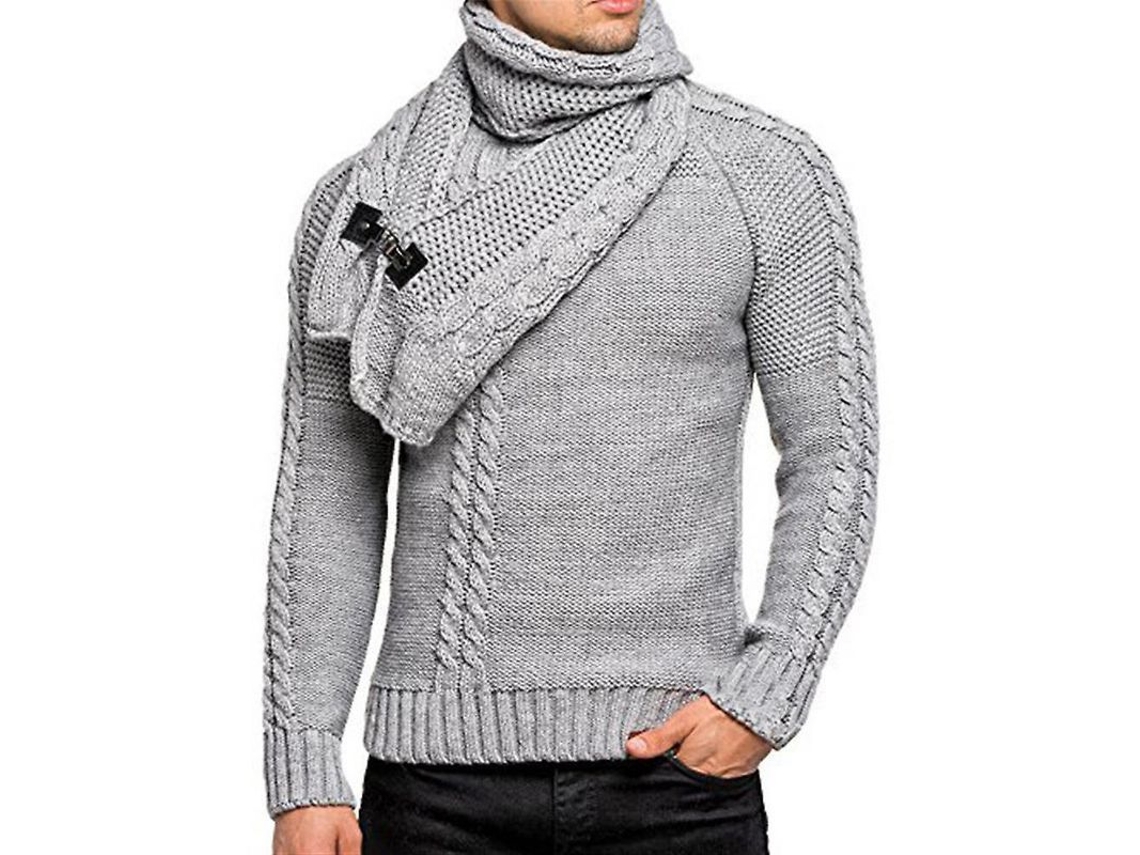 2026 suéter Masculino de Manga Longa Tejido Sólido com Cachecol Desmontável Casual Pull Pullover Top