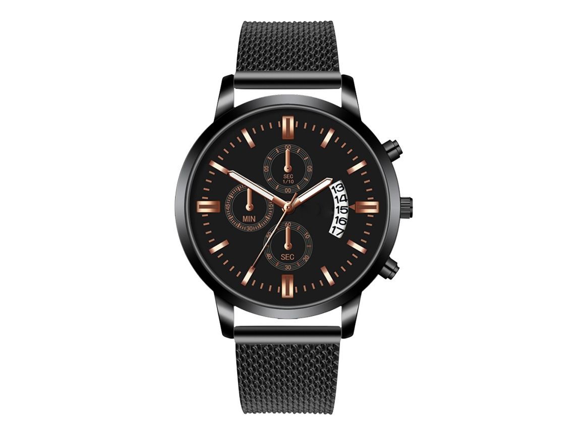 Relógio masculino casual, mostrador redondo colorido, movimento de quartzo, pulseira preta, detalhes em ouro rosa.