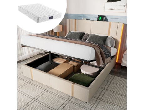 Cama Iluminada Estofada Função De Carga Usb Tipo C Controle App Led 160 X 200 Estrutura De Cama, Tecido Linho Bege (com Colchão)