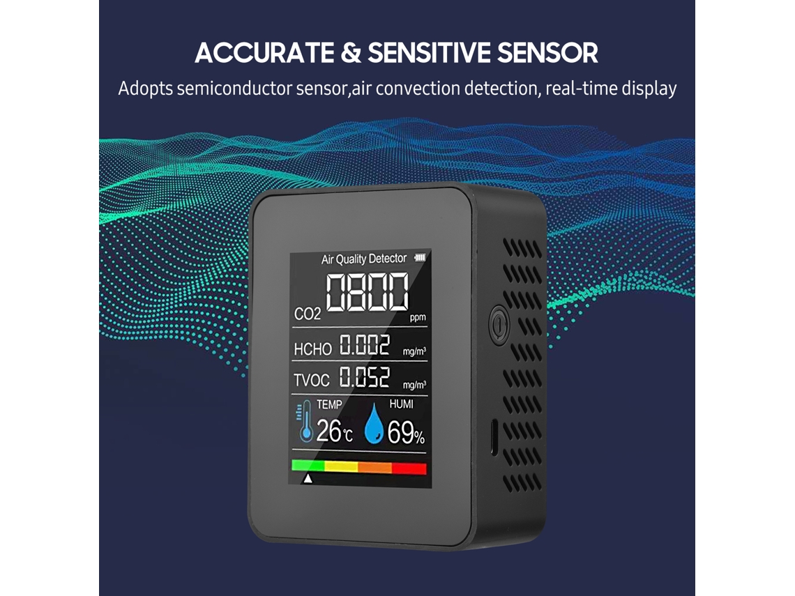 Yuru monitor de Qualidade do Ar Portátil 5 em 1 Detector de Co2 Formaldeído Hcho Tvoc Tester de Temperatura Umidade Lcd Recarregável