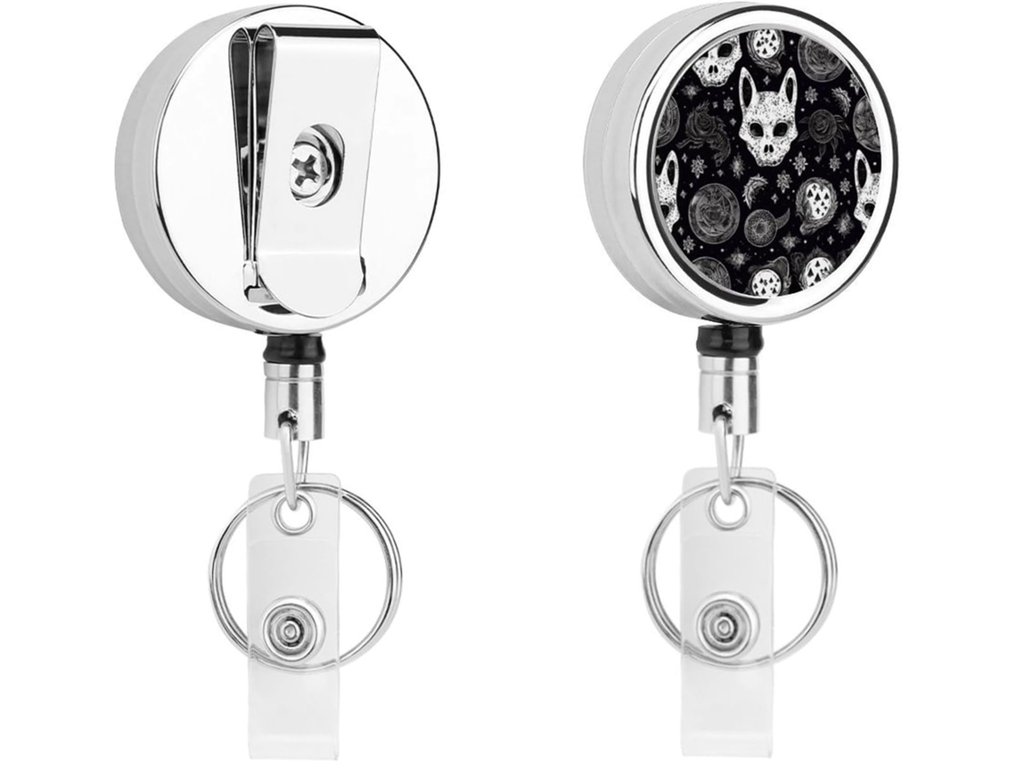 Porta Crachás De Metal Com Design Caveira E Gato, Lua, Estilo Gótico, Retrátil, Clipes Resistentes Crachás