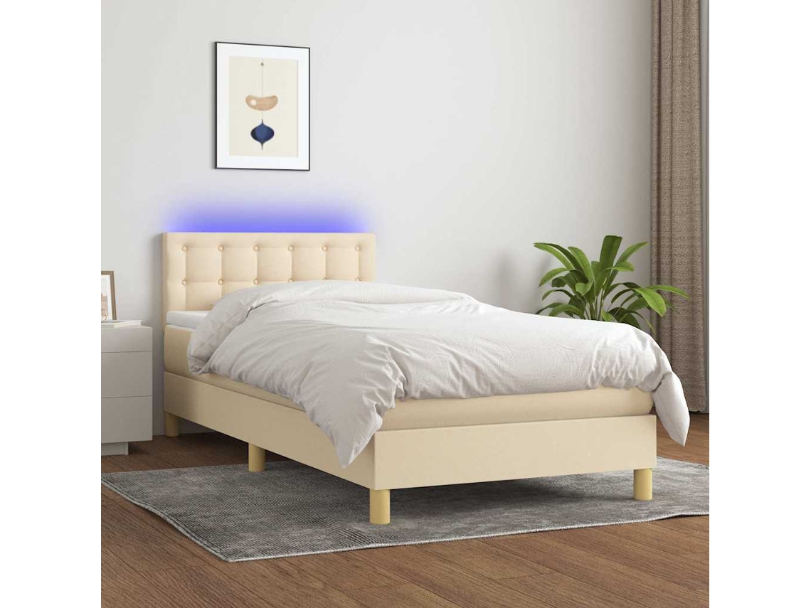 Vidaxl Cama Box Spring C/ Colchão E Led 100x200 Cm Tecido Cor Creme