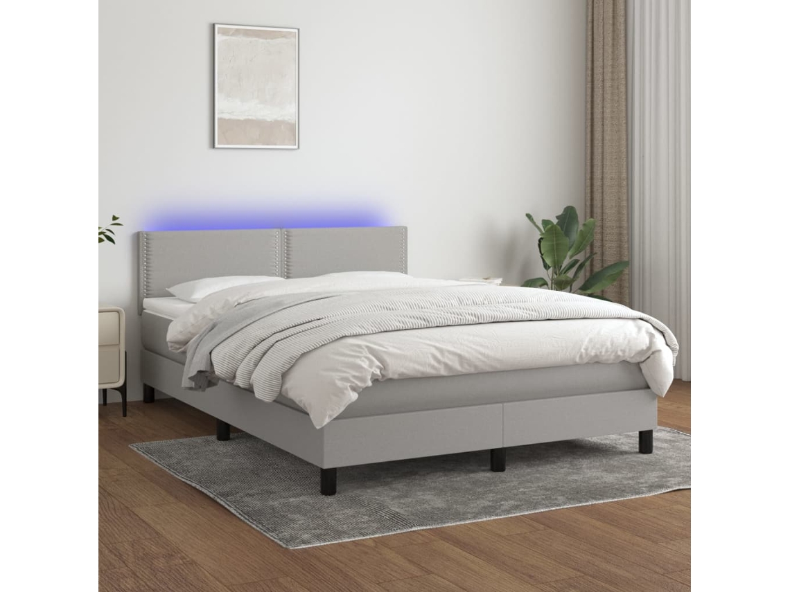 Vidaxl Cama Box Spring C/ Colchão E Led 140x190 Cm Tecido Cinza-claro