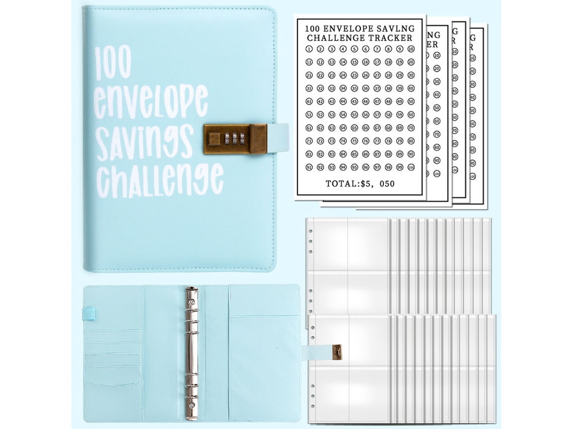 100-envelope Challenge Couple Savings Binder With Password Lock, Light Blue, Includes 25-quadrant Card Sleeves 1 100day