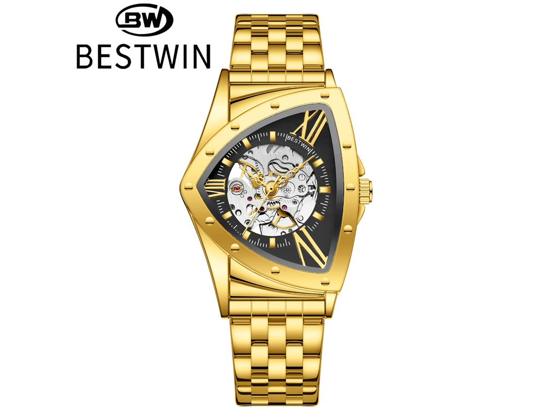 Relógio Mecânico Masculino Triangular Esqueleto MDUG (dourado e Preto)