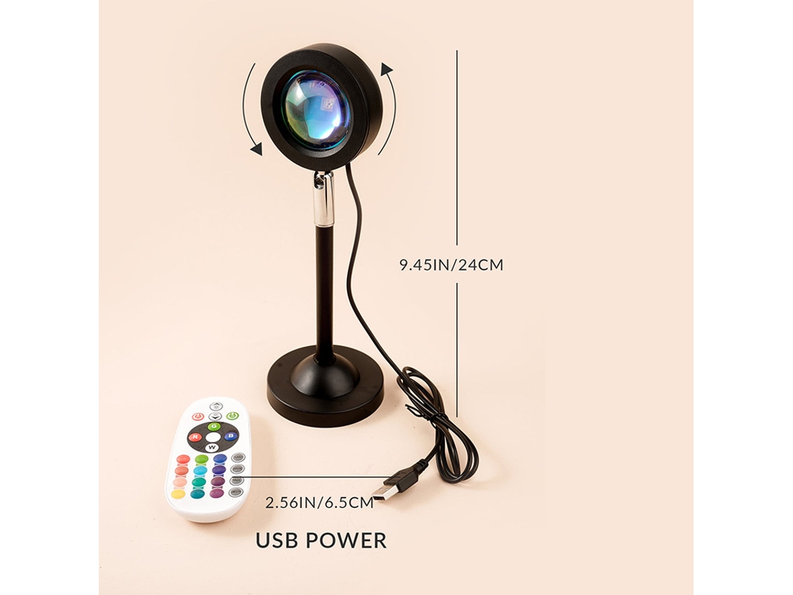 Luminária LED Sunset com controle remoto USB, 24 cm, ajustável, multicolorida para decoração.