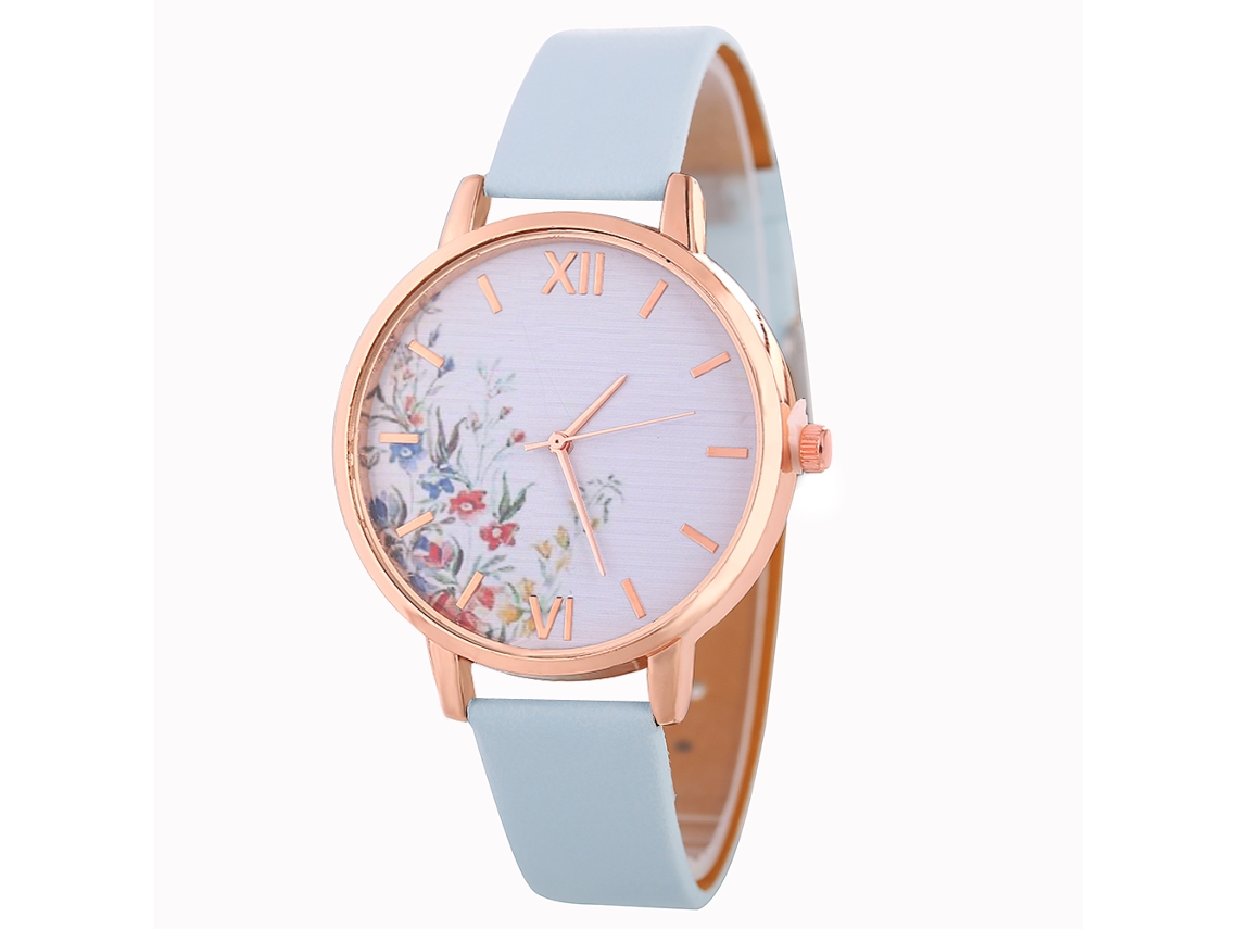 Relógio de Pulso Feminino Zhoulianfa Quartzo Pulseira de Couro Pu Azul Claro