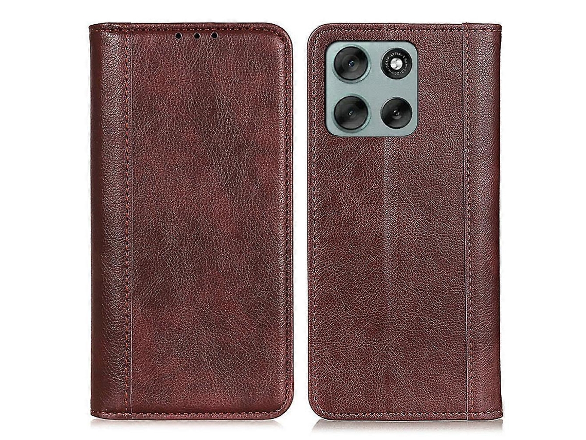 Capa Tipo Carteira Com Textura De Lichia E Couro Rachado Para Motorola Moto G56 5g, Marrom