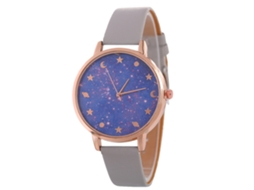 Relógio de Pulso Feminino de Quartzo com Esfera Céu Estrelado Roxo e Pulseira de Couro Cinza