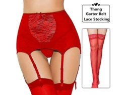 Conjunto de Lingerie Sexy de Calcinha com Cinto Suspendido e Meias de Canelada Plus Size Feminino Vermelho com Meias