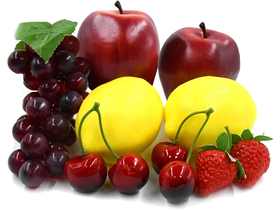 Conjunto de 9 Frutas Artificiais Simuladas, Maçãs, Uvas, Limões e Morangos, em Plástico Decorativo para Casa, Cozinha e Festas BRILVIBERA