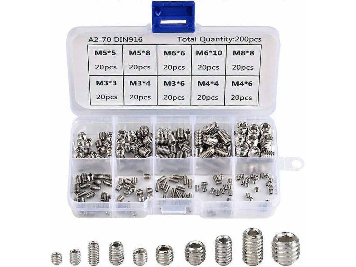 Kit de 200 Parafusos Allen de Acero Inoxidable A2 70 Sem Cabeça Hexagonal Métrico M3 M4 M5 M6 M8 com Caixa Plástica