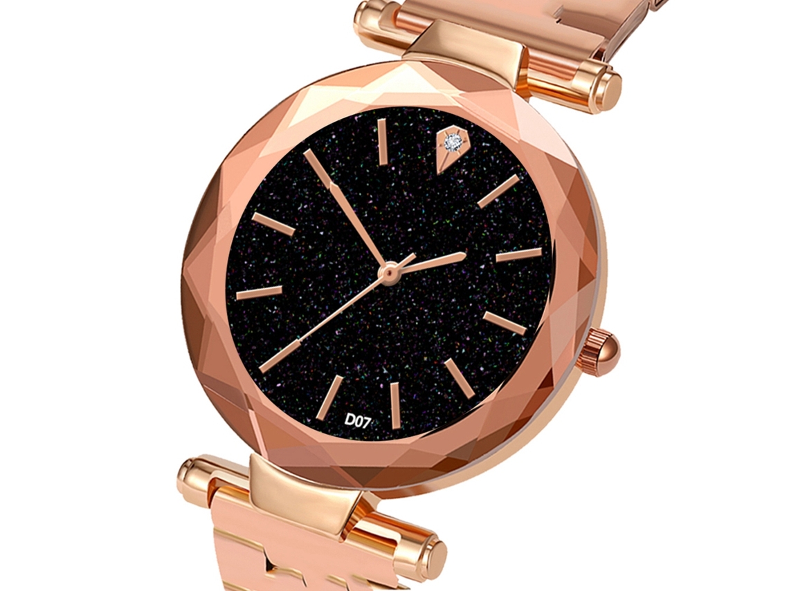 Relógio de quartzo com mostrador estrelado e pulseira de aço, relógio casual elegante para mulheres, ouro rosa.