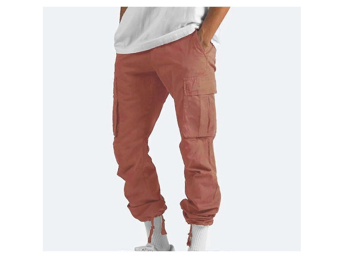 Calça cargo casual masculina 2026 com múltiplos bolsos para uso externo, corte reto e estilo fitness com tecido elástico.