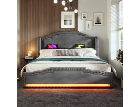 Cama Estofada 160×200, Dupla Com 4 Gavetas, Cinza, Sem Colchão.