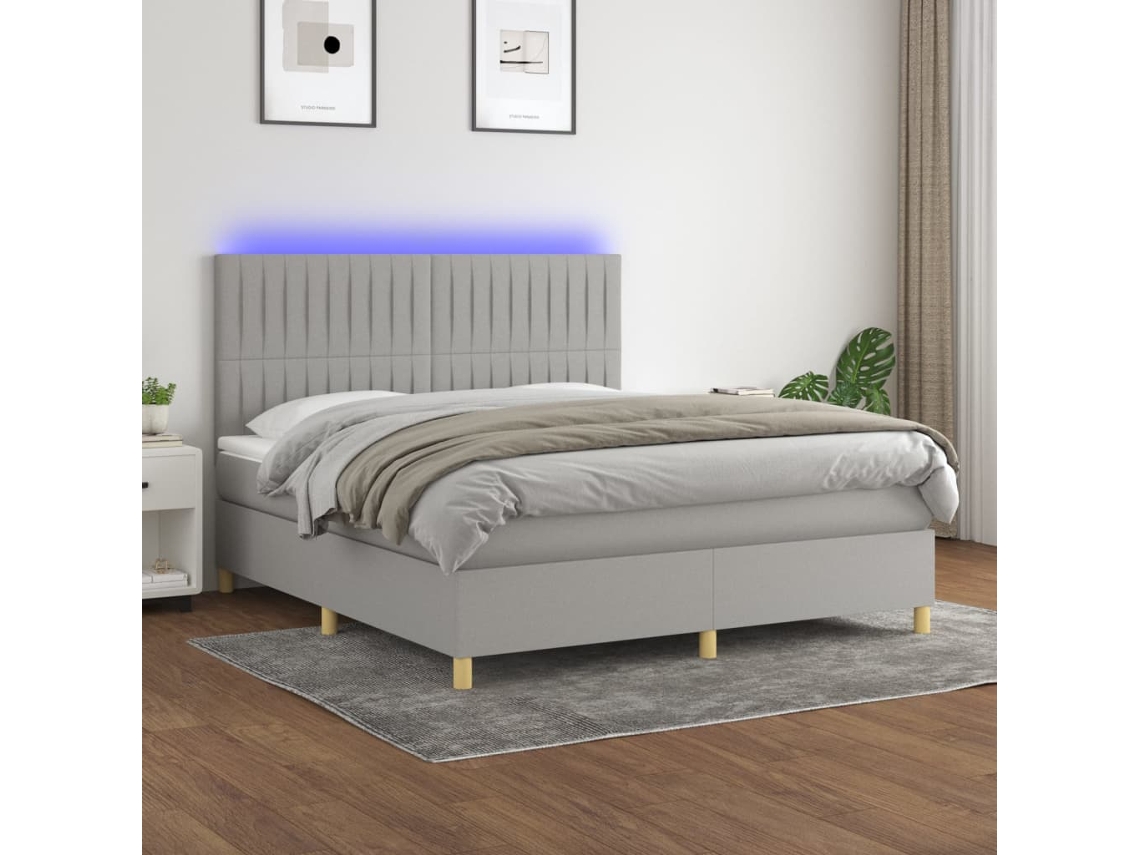 Cama Box Spring C/ Colchão E Led 160x200 Cm Tecido Cinza-claro