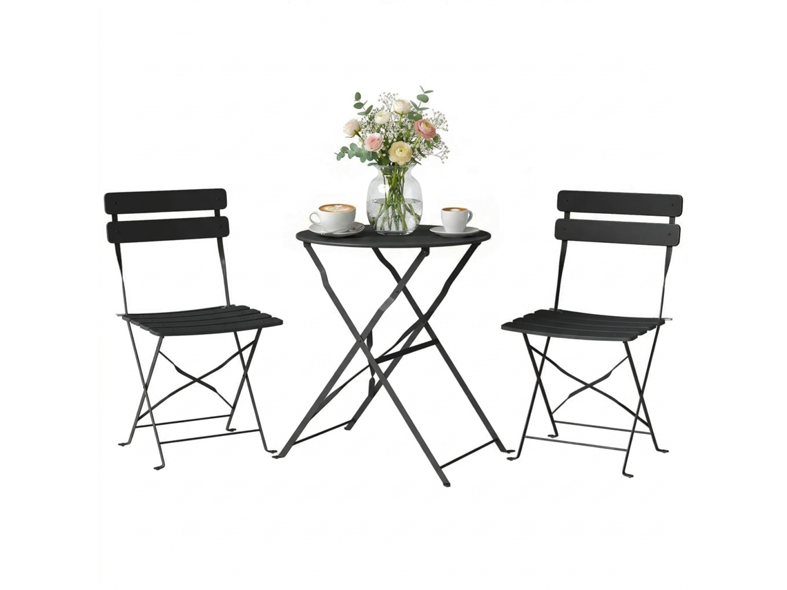 Conjunto de Bistrô com 3 Peças: Mesa e 2 Cadeiras Dobráveis com Ripas, Proteção Contra Ferrugem, Preto ZENCORE SERVICES