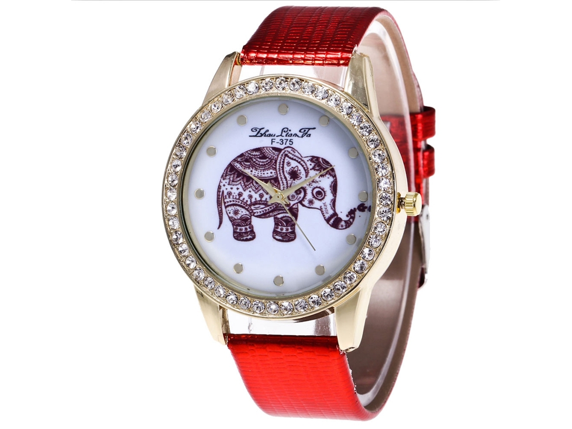 Relógio Feminino de Quartzo com Pulseira de Couro Pu Padrão de Elefante com Strass Vermelho